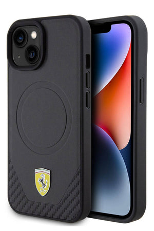 Ferrari iPhone 15 Plus Magsafe Uyumlu Pu Karbon Kılıf Siyah