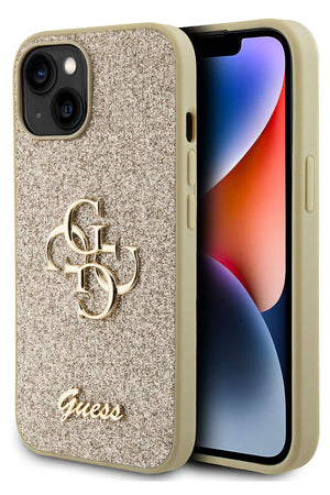 Guess iPhone 15 Uyumlu Glitter 4G Logolu Kılıf Gold