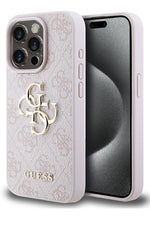 Guess iPhone 14 Pro Max Uyumlu 4G Logolu Deri Kılıf Pembe Guess
