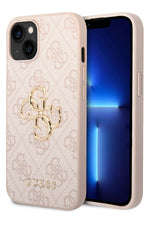 Guess iPhone 14 Uyumlu 4G Logolu Deri Kılıf Pembe Guess