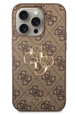 Guess iPhone 15 Pro Uyumlu 4G Logolu Deri Kılıf Kahverengi Guess