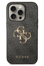 Guess iPhone 15 Pro Uyumlu 4G Logolu Deri Kılıf Gri Guess