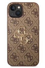 Guess iPhone 15 Plus Uyumlu 4G Logolu Deri Kılıf Kahverengi Guess