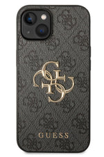 Guess iPhone 15 Plus Uyumlu 4G Logolu Deri Kılıf Gri Guess