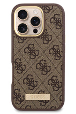 Guess Metal Plaka Logo iPhone 16 Pro Max Magsafe Uyumlu Kılıf Kahverengi Guess