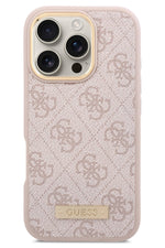 Guess Metal Plaka Logo iPhone 16 Pro Max Magsafe Uyumlu Kılıf Pembe Guess