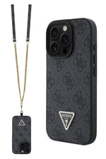 Guess Strass iPhone 16 Pro Max Uyumlu 4G Desenli Vücut Askılı Kılıf Siyah Guess