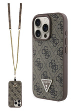 Guess Strass iPhone 16 Pro Uyumlu 4G Desenli Vücut Askılı Kılıf Kahverengi Guess