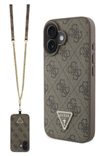 Guess Strass iPhone 16 Uyumlu 4G Desenli Vücut Askılı Kılıf Kahverengi Guess