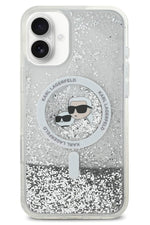 Karl Lagerfeld Heads Sıvı Simli iPhone 16 Plus Magsafe Uyumlu Kılıf Şeffaf Karl Lagerfeld