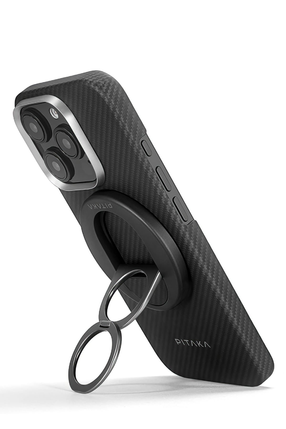 Pitaka Classic Ultra Slim Yüzük Standlı iPhone 16 Pro MagSafe Uyumlu 600D Aramid Fiber Kılıf Siyah (Kopya) Pitaka