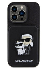 Karl Lagerfeld iPhone 15 Pro Max Uyumlu Saffiano Kartlıklı Standlı K&C Kılıf Siyah Karl Lagerfeld