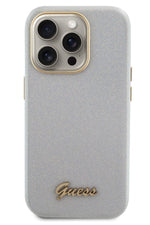 Guess iPhone 15 Pro Max Uyumlu Glitter Glossy Script Silikon Kılıf Gri Guess
