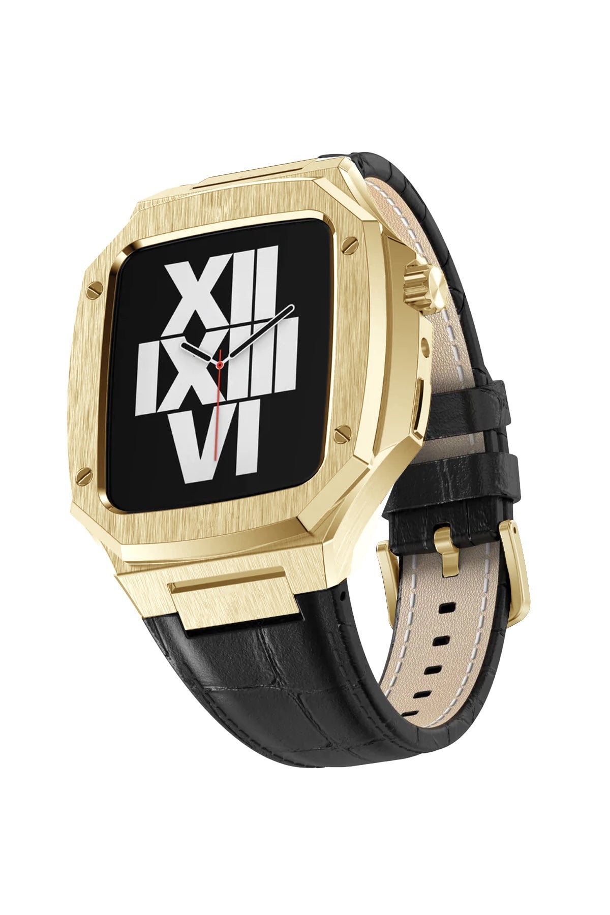 Apple Watch Uyumlu Belize Gold Kasa Koruyucu Deri Kordon Siyah  bikordon