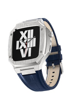 Apple Watch Uyumlu Belize Gümüş Gri Kasa Koruyucu Deri Kordon Lacivert  bikordon