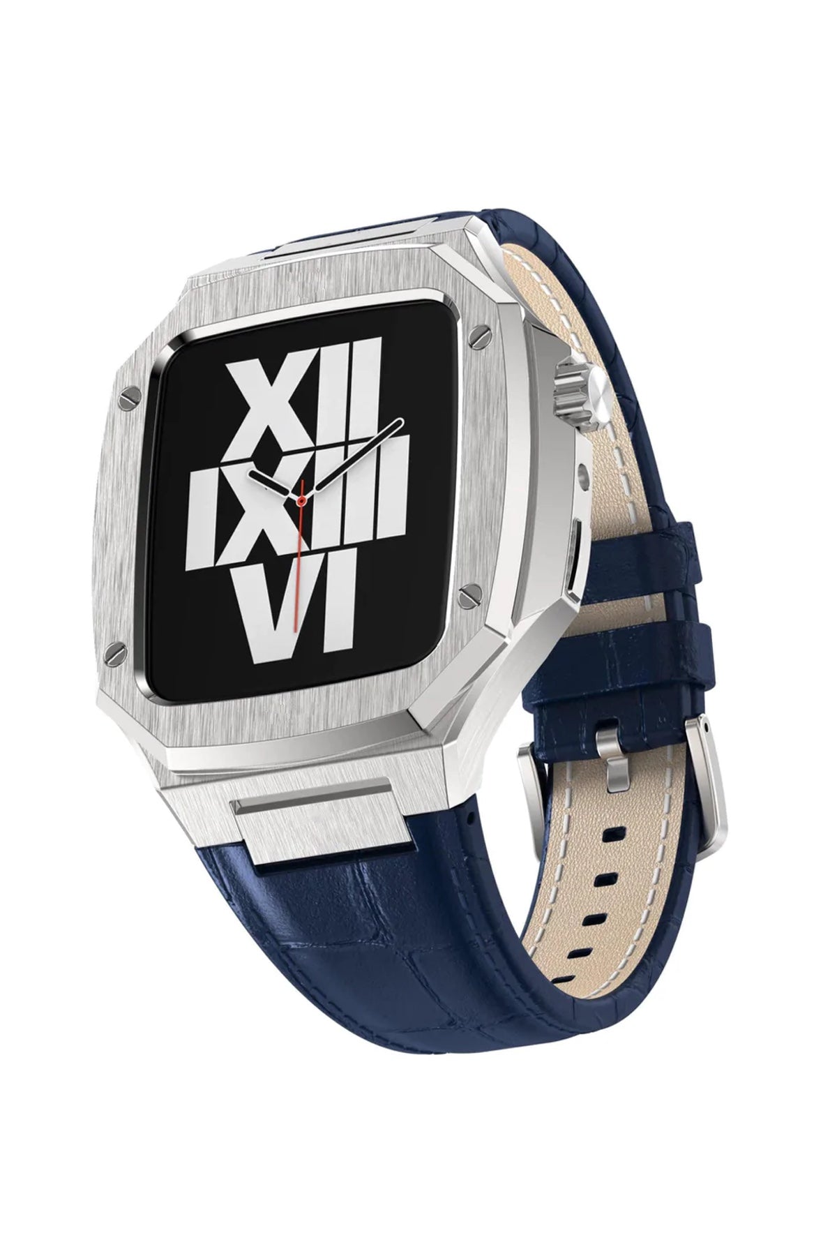 Apple Watch Uyumlu Belize Gümüş Gri Kasa Koruyucu Deri Kordon Lacivert  bikordon