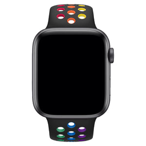 Apple Watch Uyumlu Silikon Delikli Spor Kordon Siyah Gökkuşağı  bikordon