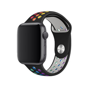 Apple Watch Uyumlu Silikon Delikli Spor Kordon Siyah Gökkuşağı  bikordon