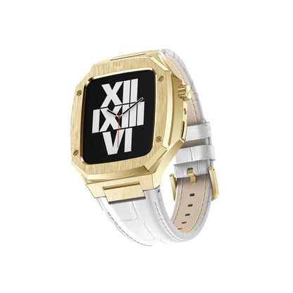 Apple Watch Uyumlu Belize Gold Kasa Koruyucu Deri Kordon Beyaz  bikordon