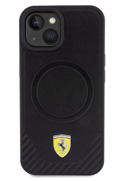 Ferrari iPhone 15 Plus Magsafe Compatible Pu Carbon Case Black 