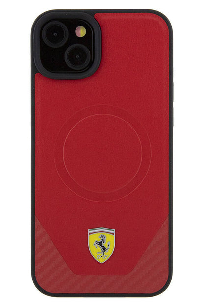 Ferrari iPhone 15 Plus Magsafe Uyumlu Pu Karbon Kılıf Kırmızı