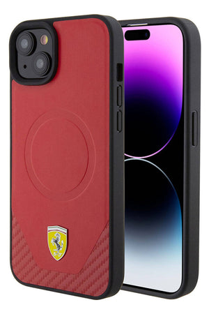 Ferrari iPhone 15 Plus Magsafe Uyumlu Pu Karbon Kılıf Kırmızı