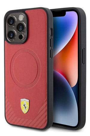 Ferrari iPhone 15 Pro Magsafe Uyumlu Pu Karbon Kılıf Kırmızı  Ferrari