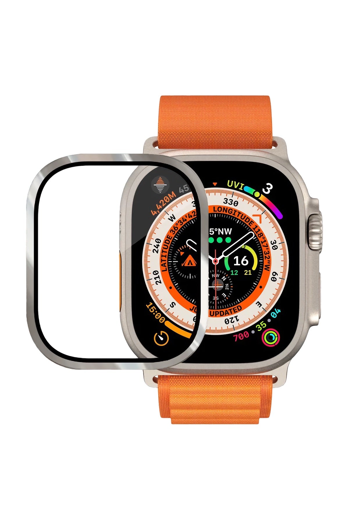 Apple Watch Ultra Uyumlu Metal Çerçeveli İnce Ekran Koruyucu Çelik Gri  bikordon
