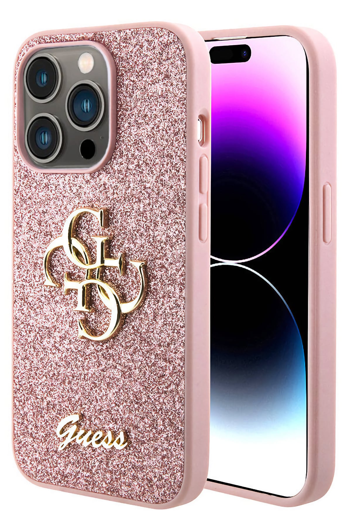 Guess iPhone 14 Pro Max Uyumlu Glitter 4G Logolu Kılıf Pembe