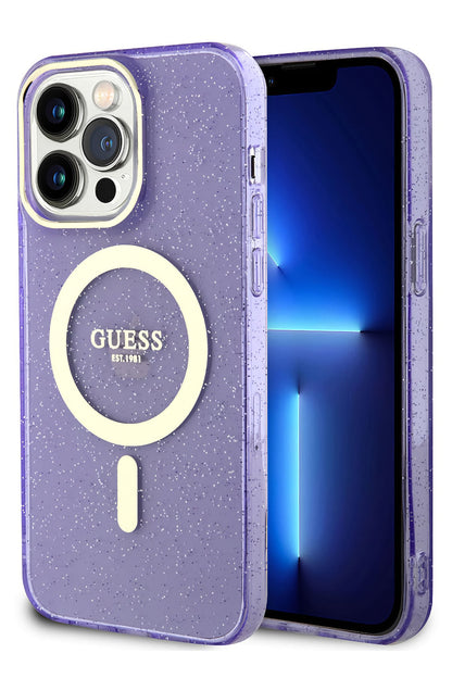 Guess iPhone 13 Pro Max Magsafe Uyumlu Glitter Silikon Kılıf Mor