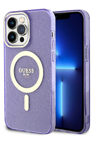 Guess iPhone 13 Pro Magsafe Compatible Glitter Silicone Case Purple 
