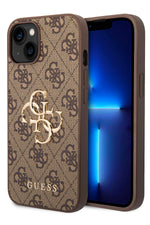 Guess iPhone 14 Uyumlu 4G Logolu Deri Kılıf Kahverengi  Guess