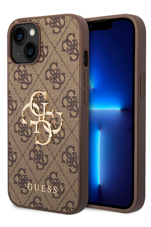 Guess iPhone 14 Uyumlu 4G Logolu Deri Kılıf Kahverengi  Guess