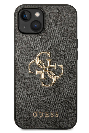 Guess iPhone 14 Uyumlu 4G Logolu Deri Kılıf Gri  Guess