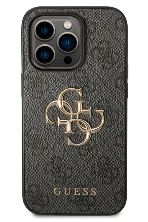 Guess iPhone 14 Pro Uyumlu 4G Logolu Deri Kılıf Gri  Guess
