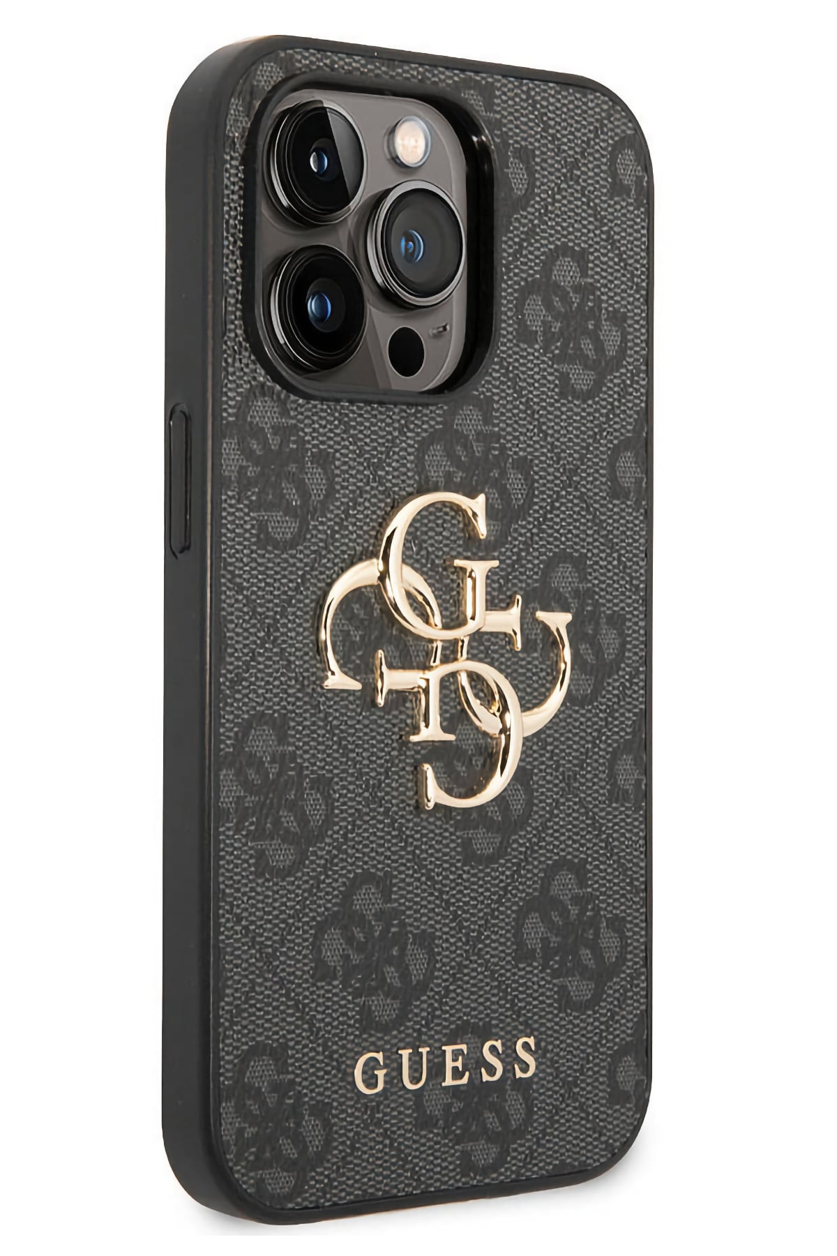 Guess iPhone 14 Pro Uyumlu 4G Logolu Deri Kılıf Gri  Guess