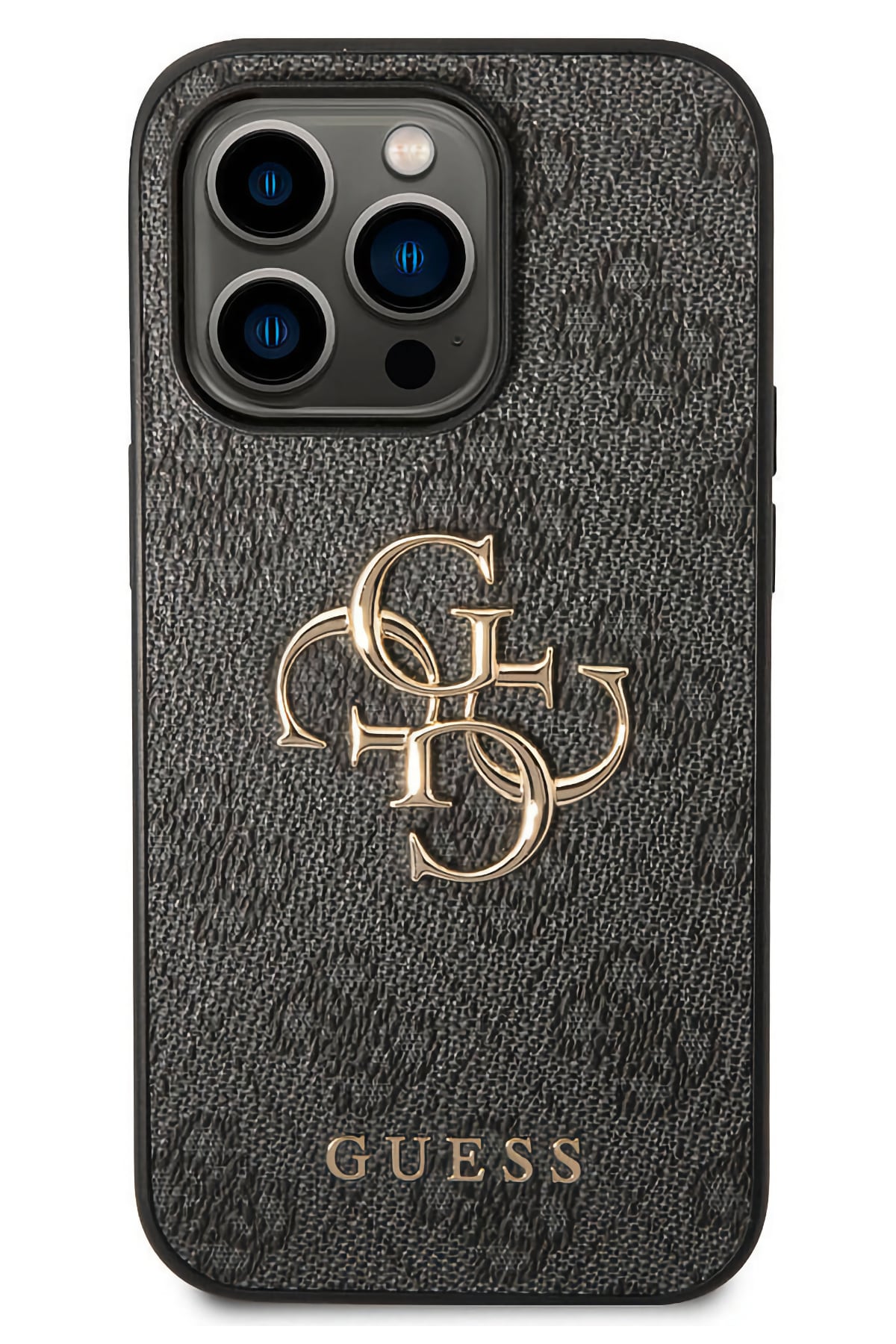 Guess iPhone 14 Pro Max Uyumlu 4G Logolu Deri Kılıf Gri  Guess