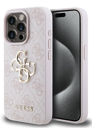 Guess iPhone 14 Pro Max Uyumlu 4G Logolu Deri Kılıf Pembe  Guess