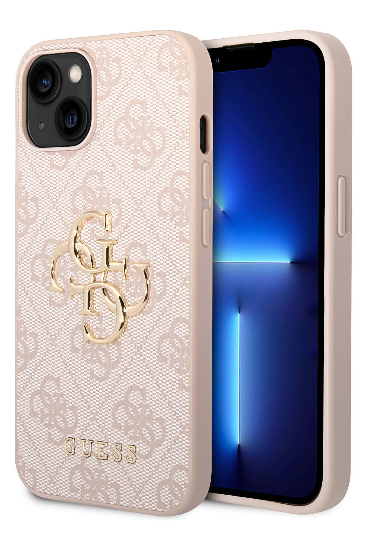 Guess iPhone 14 Uyumlu 4G Logolu Deri Kılıf Pembe  Guess