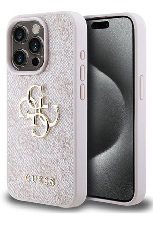Guess iPhone 14 Pro Uyumlu 4G Logolu Deri Kılıf Pembe
