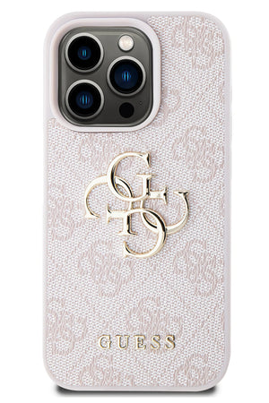 Guess iPhone 14 Pro Uyumlu 4G Logolu Deri Kılıf Pembe  Guess