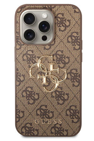 Guess iPhone 15 Pro Uyumlu 4G Logolu Deri Kılıf Kahverengi  Guess
