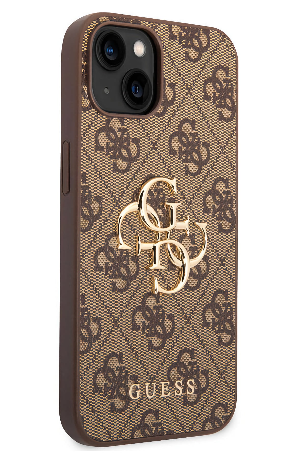 Guess iPhone 15 Plus Uyumlu 4G Logolu Deri Kılıf Kahverengi  Guess