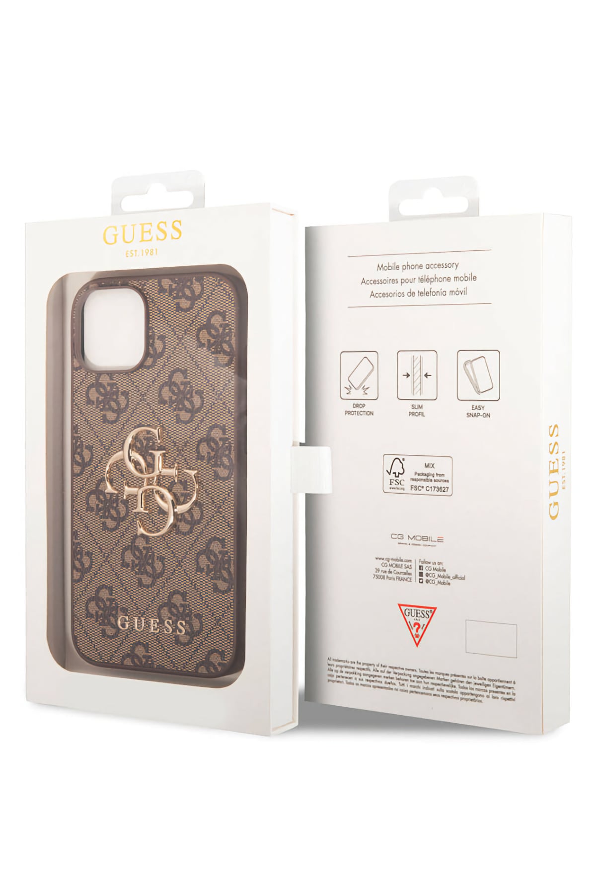 Guess iPhone 15 Plus Uyumlu 4G Logolu Deri Kılıf Kahverengi  Guess