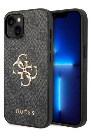 Guess iPhone 15 Plus Uyumlu 4G Logolu Deri Kılıf Gri  Guess