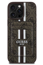 Guess Classic 4G Desenli iPhone 16 Pro Max Magsafe Uyumlu Kredi Kartlıklı Kılıf Kahverengi Guess