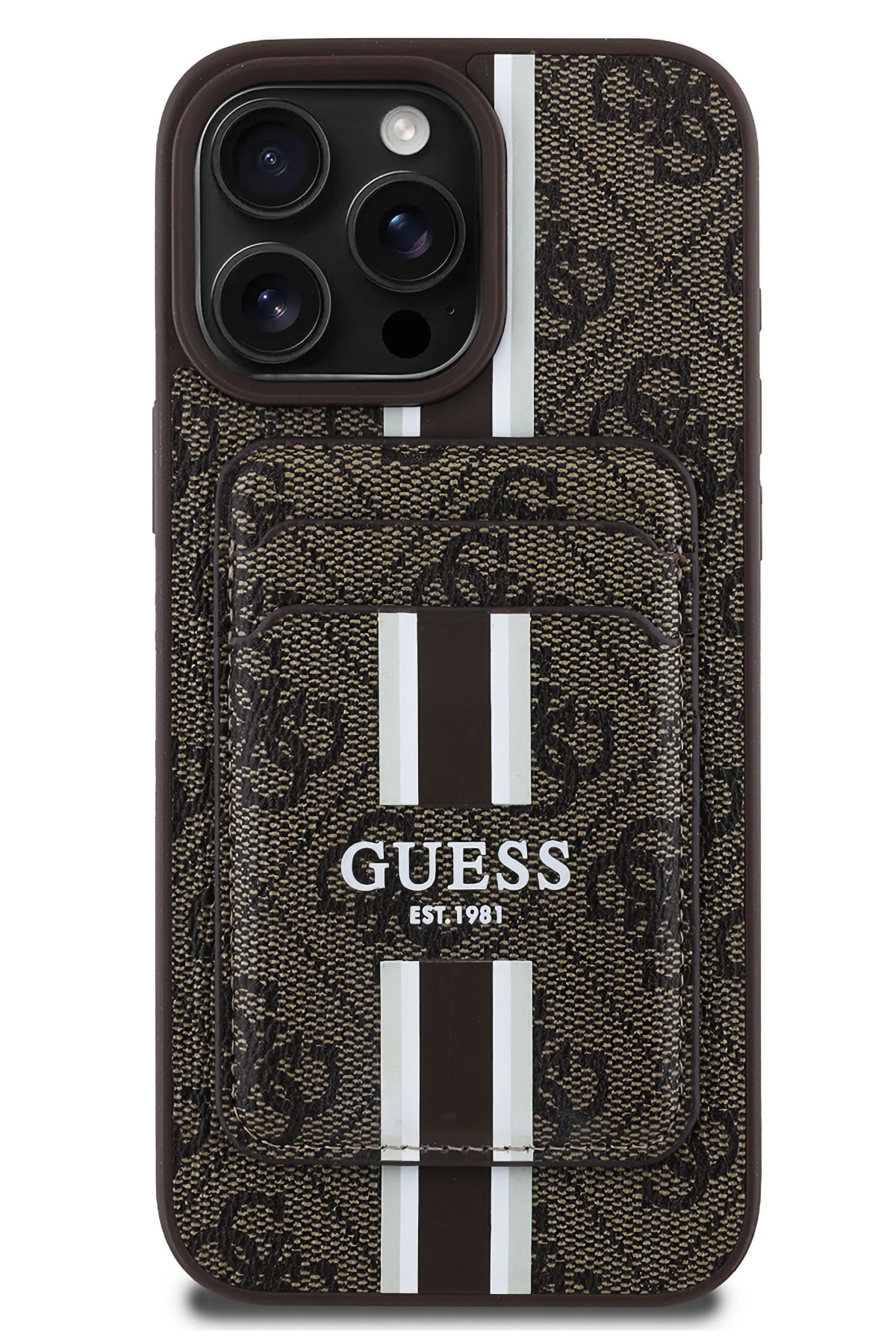 Guess Classic 4G Desenli iPhone 16 Pro Max Magsafe Uyumlu Kredi Kartlıklı Kılıf Kahverengi Guess