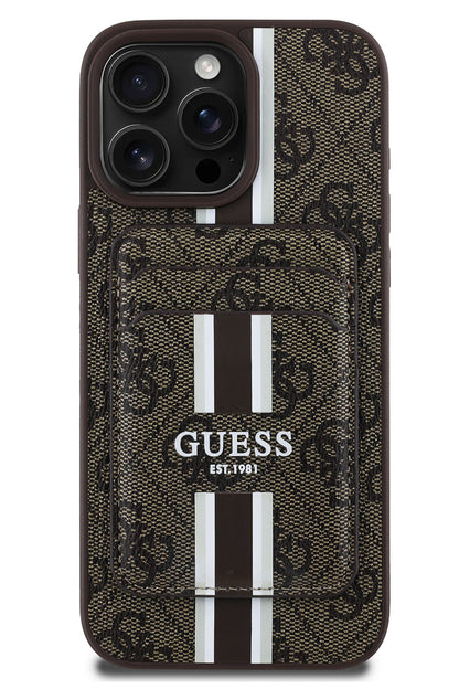 Guess Classic 4G Desenli iPhone 16 Pro Max Magsafe Uyumlu Kredi Kartlıklı Kılıf Kahverengi Guess
