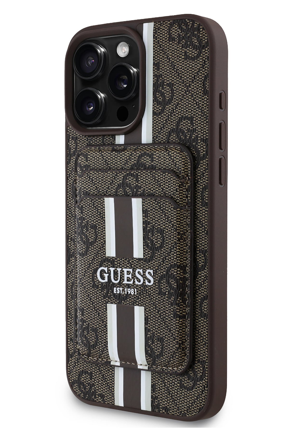 Guess Classic 4G Desenli iPhone 16 Pro Max Magsafe Uyumlu Kredi Kartlıklı Kılıf Kahverengi Guess