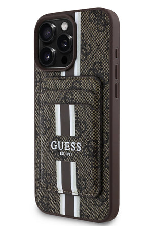 Guess Classic 4G Desenli iPhone 16 Pro Max Magsafe Uyumlu Kredi Kartlıklı Kılıf Kahverengi Guess